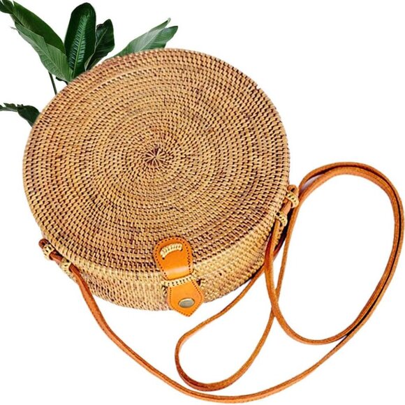 Handbags - Handwoven Round Rattan Straw Bag for Women Shoulder Leather Button Straps Natura